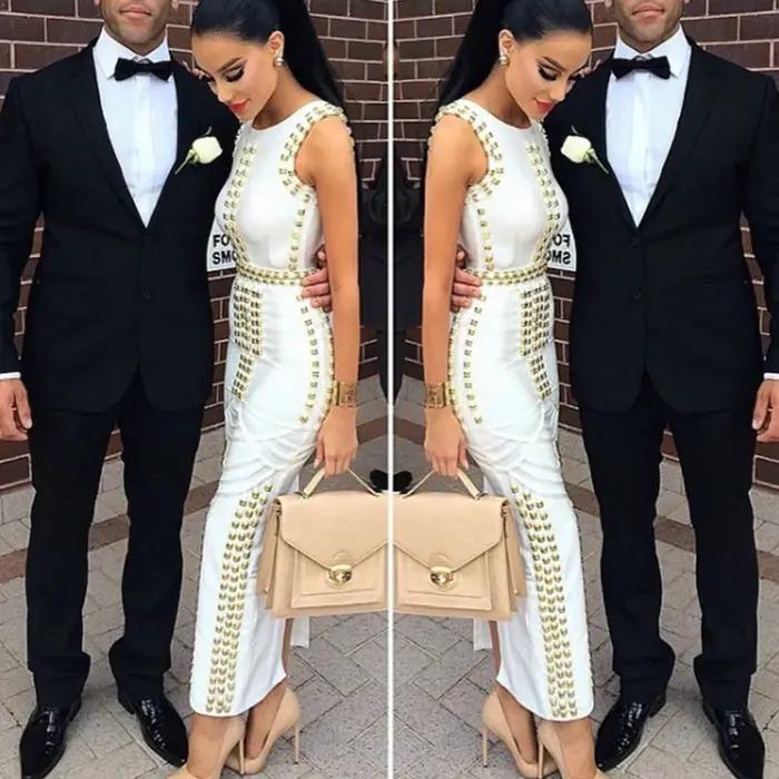 Style classique femmes sans manches col rond Sexy moulante pansement longue robe célébrité mode tapi