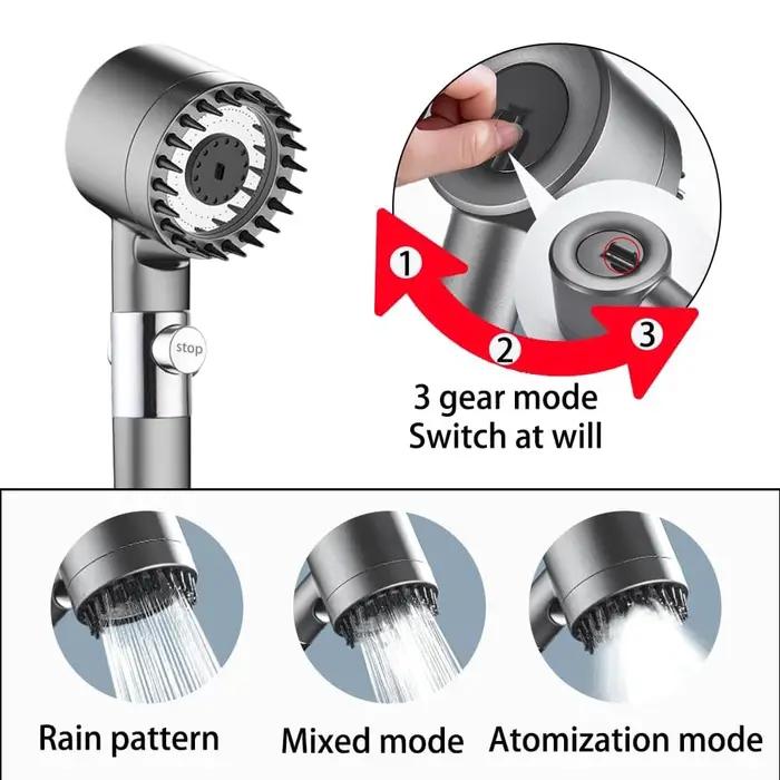Pomme de douche manuelle 3 modes avec brosse massage et filtre coton économie eau pour chasse
