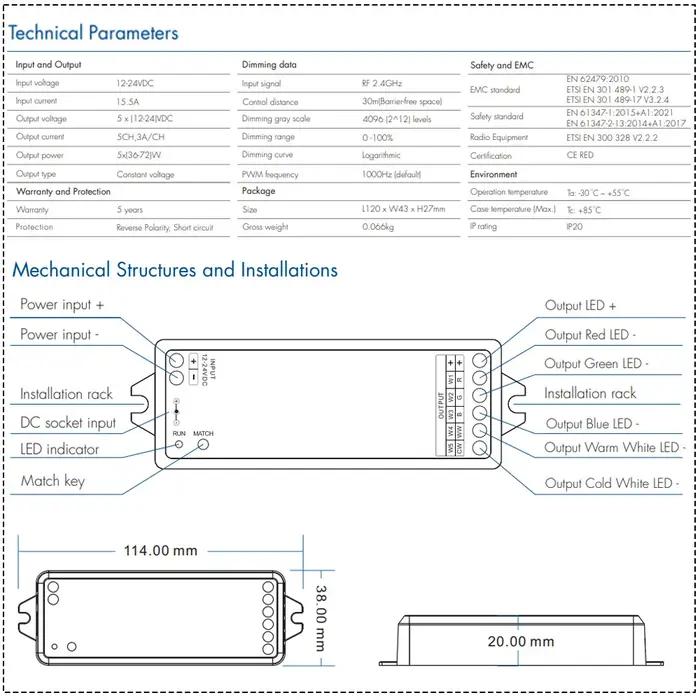 Contrôleur LED sans fil avec télécommande RF, 5 canaux, 2.4G, RGBCCT, RGBW, RGBWW, RGB, CCT, bandes