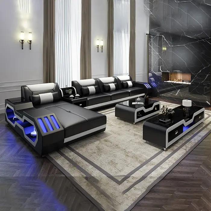 Ensemble de canapé moderne éclairé par LED avec fauteuil inclinable, appui-tête et console réglables