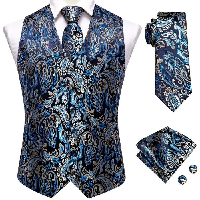Ensemble gilet et cravate pour homme bleu marine royal floral décontracté avec pochette et boutons de manchette pour mariage et occasions spéciales