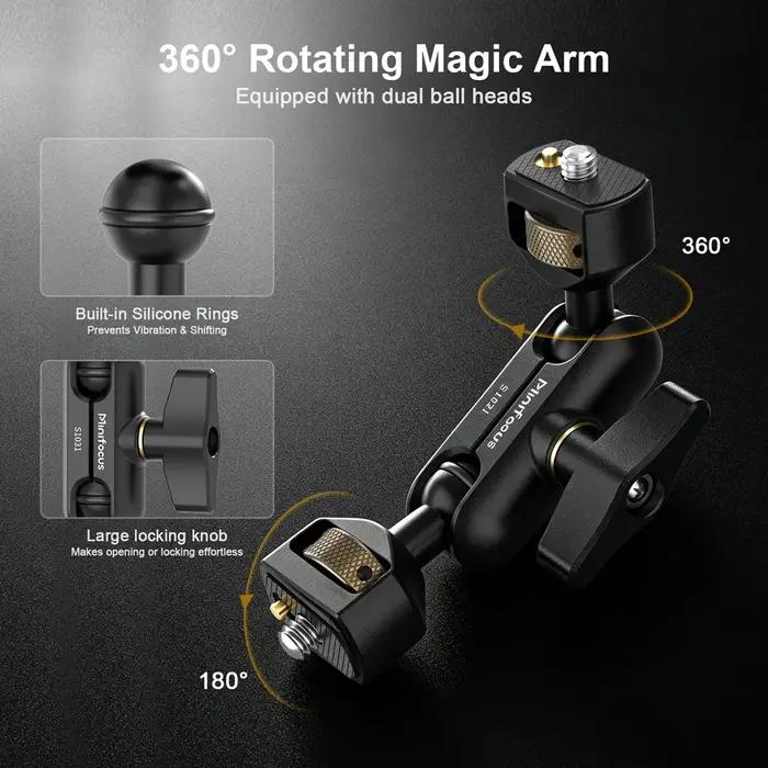 Bras articulé flexible Minifocus Camera Magic Arm avec vis 1/4” et support de moniteur de terrain double 360° ° Rotule en alliage d'aluminium