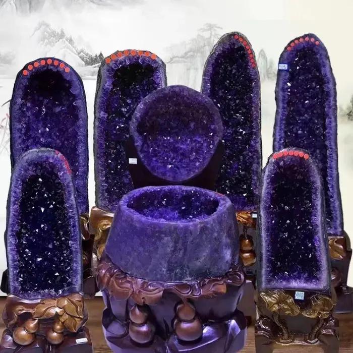 Grotte d'améthyste naturelle d'uruguay, ornements de déode violette, bassin au trésor, démagnétisati