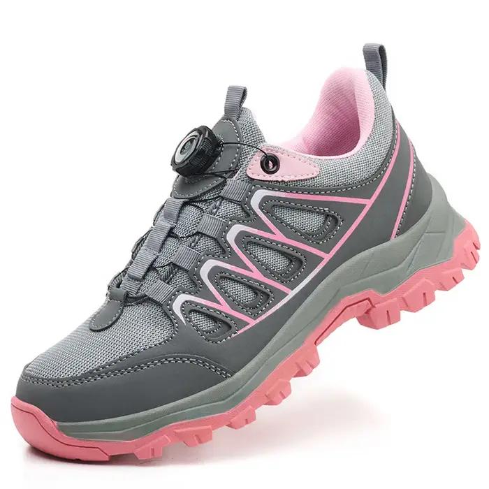 Chaussures de sécurité de travail pour femmes, baskets de travail à bout en acier, bouton rotatif, respirantes, antidérapantes, Protection anti-perforation, bottes de sécurité roses