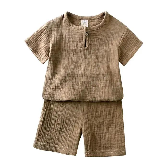 Vêtements d'été en coton et lin pour enfants de 2 à 7 ans, ensemble de couleur unie, haut à manches