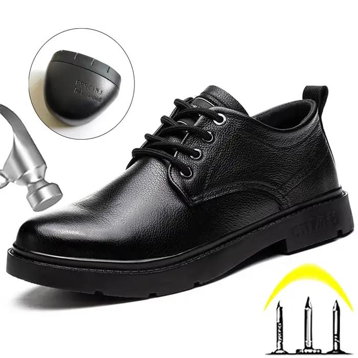 Bottes de sécurité en cuir véritable pour hommes, chaussures indestructibles à bout en acier, chaussures de travail imperméables, anti-perforation, anti-brûlure