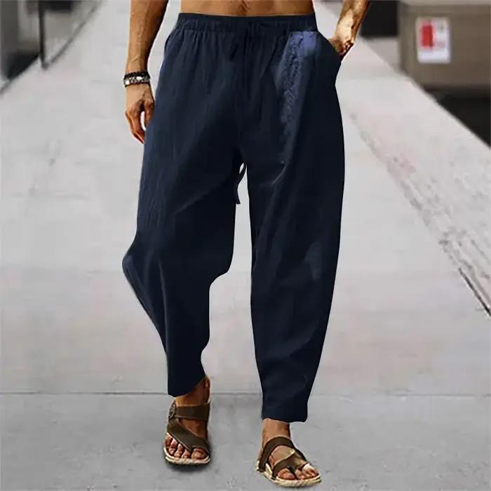 2025 hommes coton lin pantalon été et automne solide taille haute