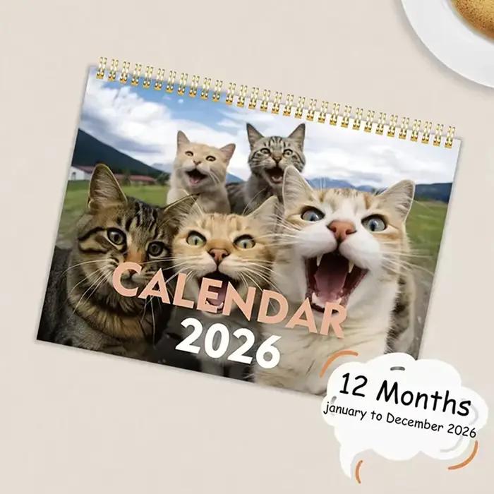 Calendrier Cat and Friends 2026 – Série Cat Selfie de 12 mois, édition anglaise, matériel papier, vue quotidienne, janvier à décembre