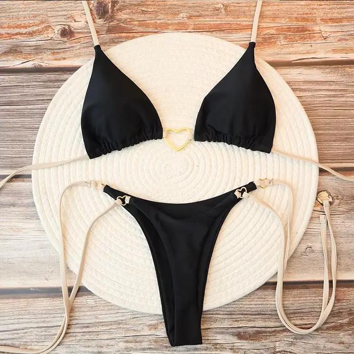 Femmes Sexy brésilien Bikini ensemble licou Triangle haut string bas deux pièces maillot de bain coeur