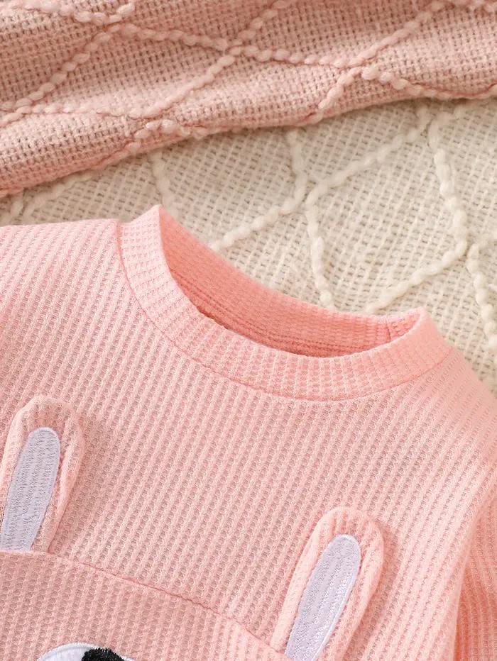 Broderie de lapin mignon pour bébés et tout-petits, sweat-shirt gaufré, pantalon de jogging rayé, en