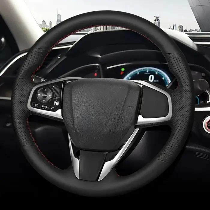 Housse de volant de voiture cousue à la main, antidérapante, en cuir artificiel noir, pour Honda Civ