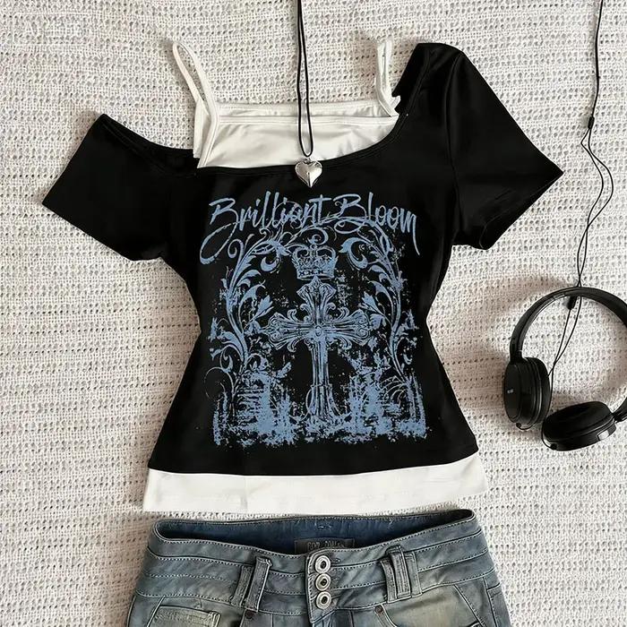 T-shirt femme noir Y2K, hauts imprimés, t-shirts graphiques anime, Harajuku, sexy, Kawaii, Emo, Grun