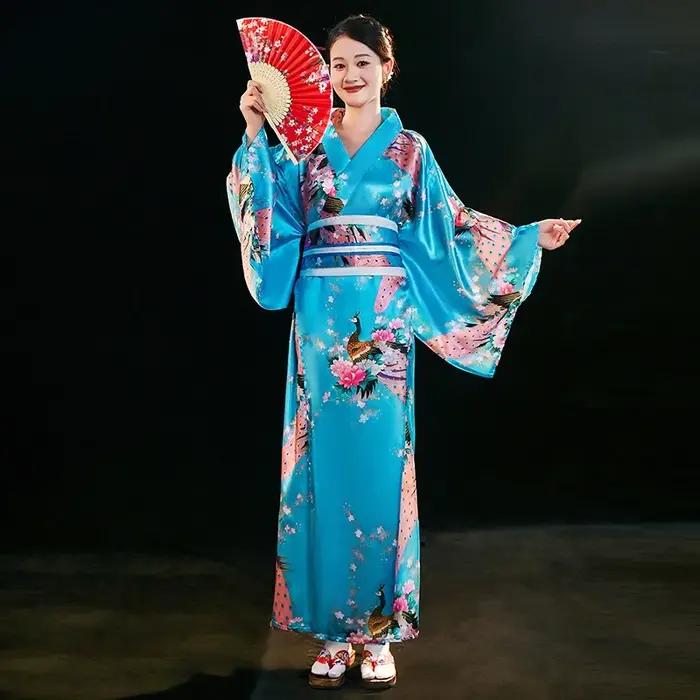 Kimono en rayonne de soie Yukata pour femmes japonaises blanches, Tradition de la mode avec fleur Obi, Costume de Cosplay Vintage, robe de soirée, taille unique
