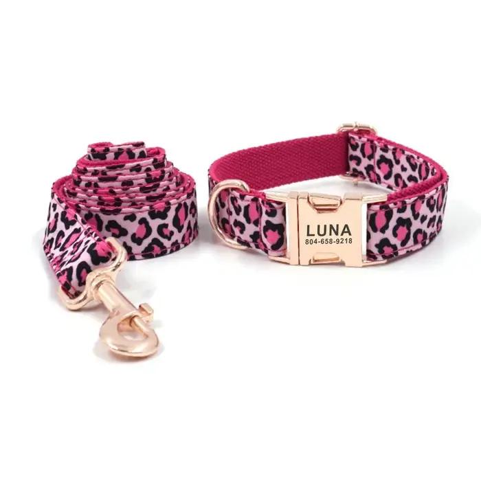 Collier personnalisé pour chien en nylon, gravure gratuite, ensemble collier et laisse motif plaid pour chiens toutes saisons