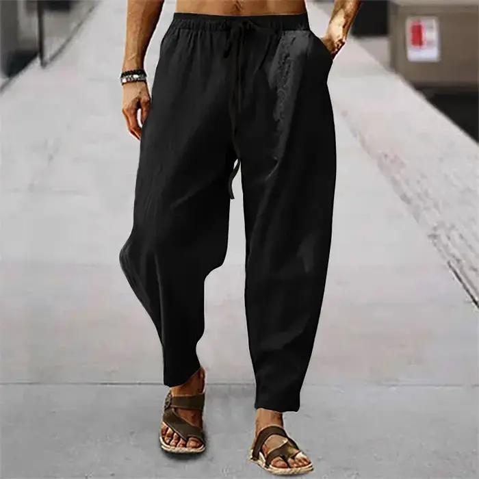 2025 hommes coton lin pantalon été et automne solide taille haute pantalon à jambes larges mâle lâch
