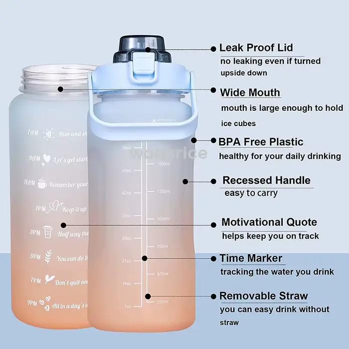 Bouteille d'eau de sport pour course à pied, 2l, motivation avec marqueur de temps, autocollants, gobelets en plastique portables et réutilisables