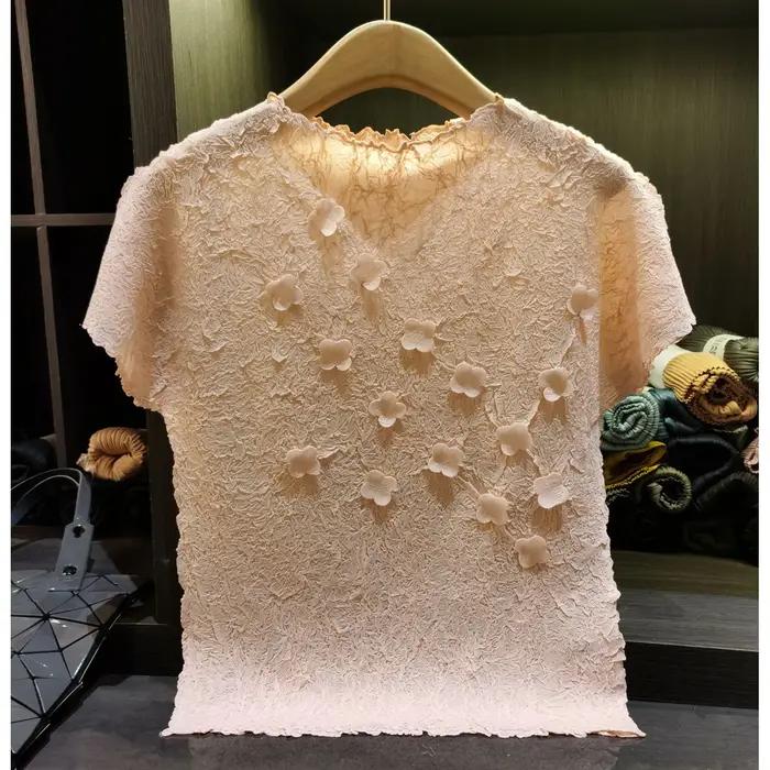 T-shirt plissé Miyake 2026 Nouveau motif floral 3D Couleur unie Manches courtes Simple Décontracté L