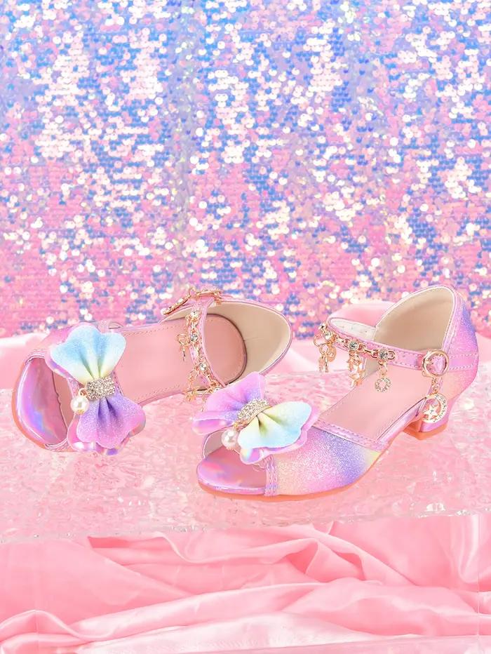 Chaussures à talons hauts à paillettes arc-en-ciel pour filles, sandales de fête pour spectacle de d
