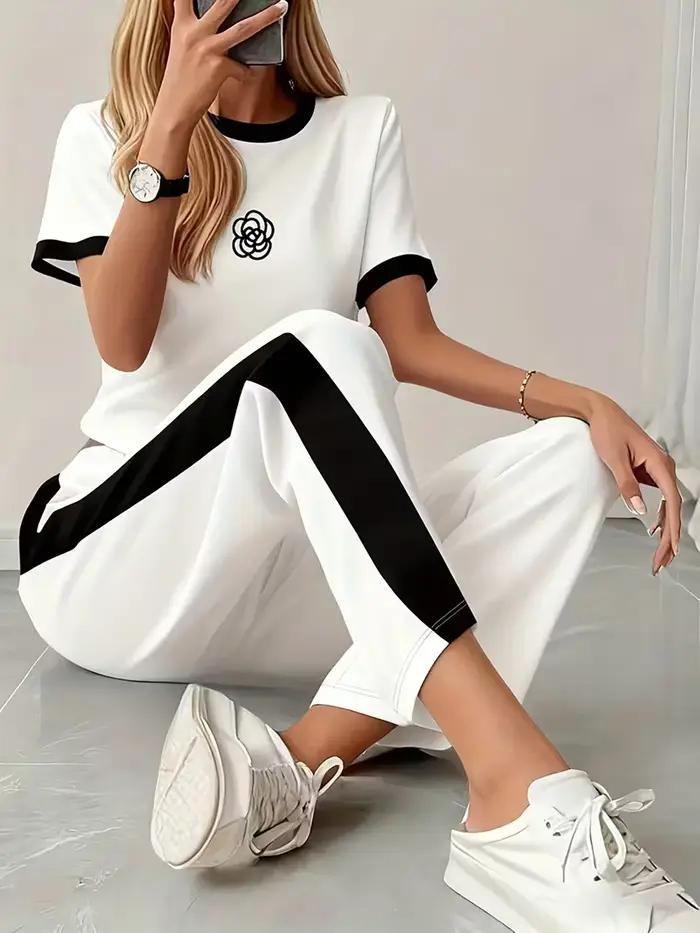 Imprimés personnalisés, designs aux couleurs contrastées, costumes pour femmes, hauts et pantalons à manches courtes pour le printemps et l'été, tenues décontractées sportives en deux pièces pour femm