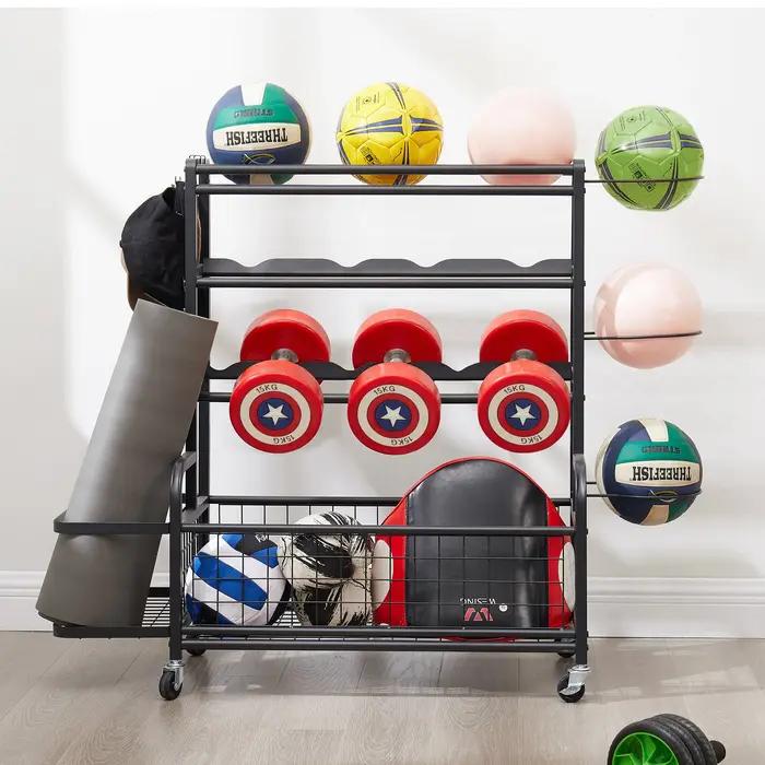 Polymères de stockage en métal à 4 niveaux avec roues roulantes, équipement de sport de basket-ball,
