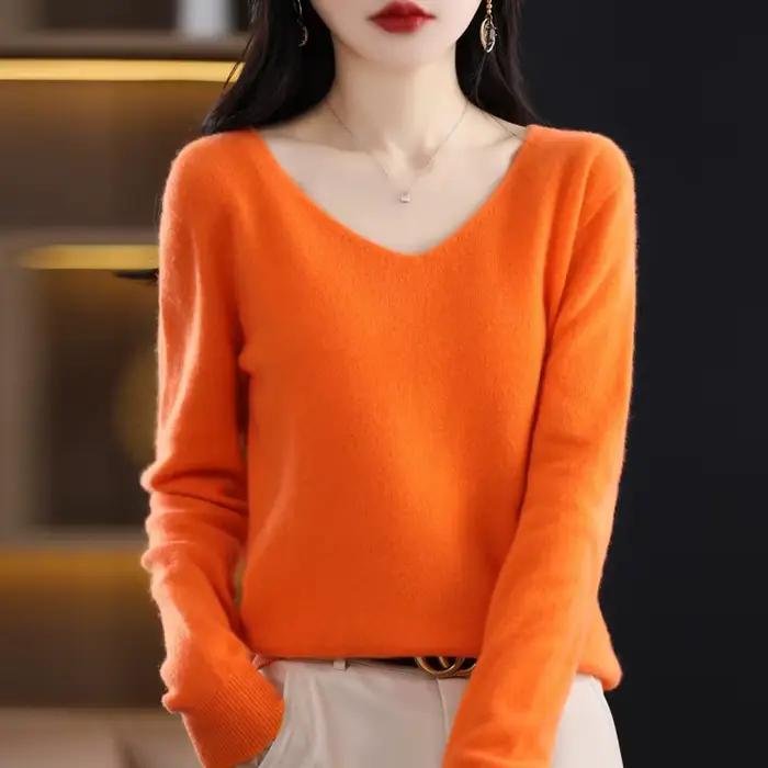Pull en cachemire à col en V pour femme, 100% laine mérinos, pull basique, manches longues, tricots doux, document Y-Solid, vêtements d'automne et d'hiver