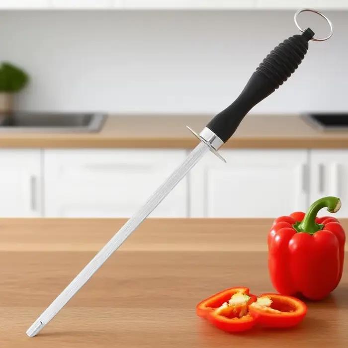 Tige d'affûtage de couteaux professionnelle en acier inoxydable avec poignée ABS pour cuisine et préparation des aliments