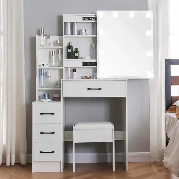 Commode avec miroir à ampoule LED, ensemble de vanité avec 4 portes de proximité, 3 motifs lumineux