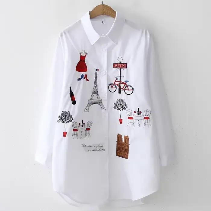 Chemise blanche en coton à manches longues pour femmes, chemisier de bureau élégant avec broderie, h