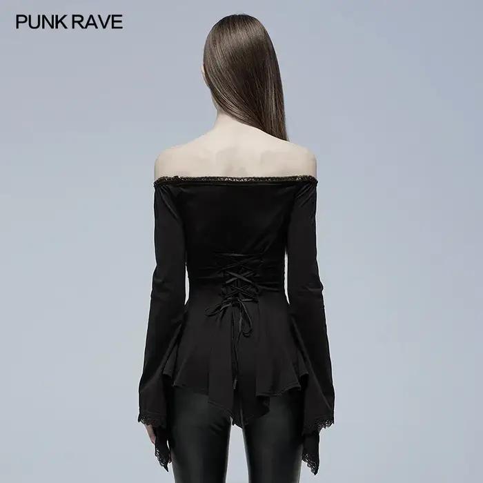PUNK RAVE-T-shirt à manches longues gothique pour femme, col slash, ligne A, coton élastique, noir,