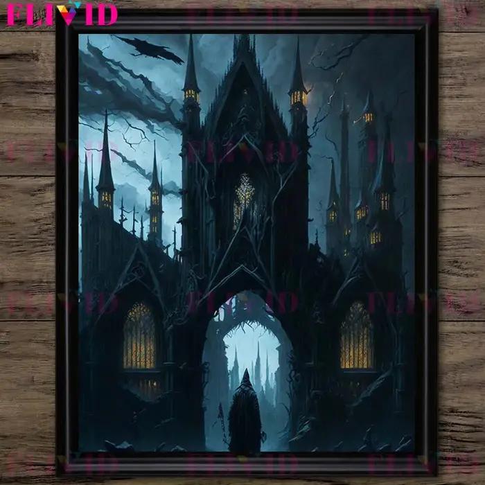 Toile d'Art Mural Vintage Impression sur Toile avec Château Hanté sous la Lune Gothisme et Design Abstrait pour Décoration Intérieure Occasions Spéciales