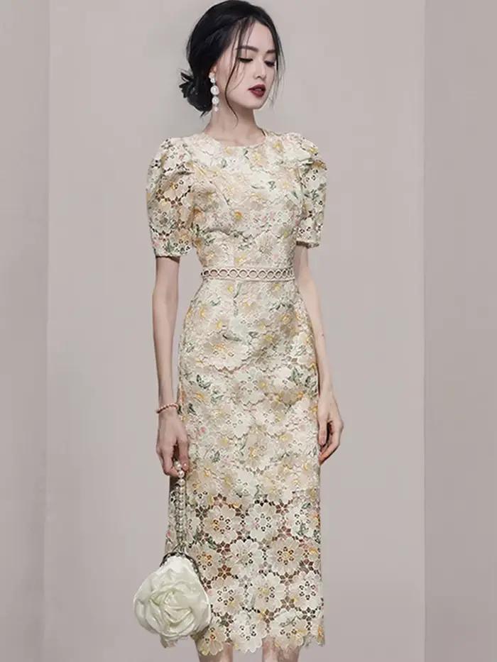 Robe fourreau en dentelle vintage pour femme, broderie florale, col rond, manches bouffantes, taille