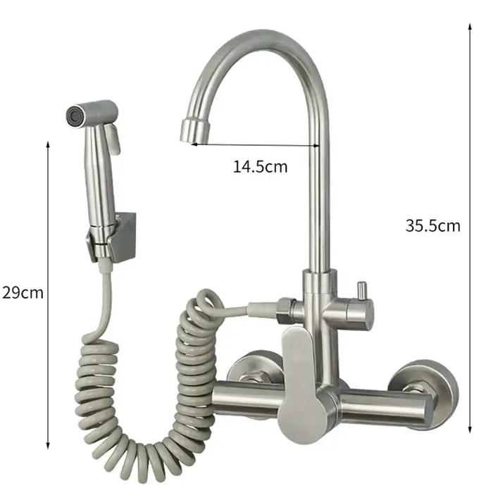 Robinet cuisine mural deux trous acier inoxydable eau froide chaude avec pulvérisateur rotatif balcon