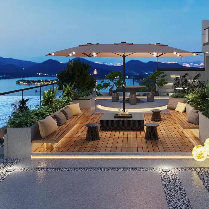 Parasol de patio extérieur de 15 pieds avec lumières LED solaires et base, grand pare-soleil rectang