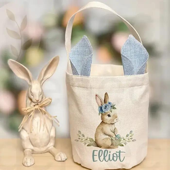 Panier de chasse aux œufs personnalisé, lapin Vintage, sac de pâques joyeux, décoration de ferme rustique, sac cadeau pour enfants, garçons et filles