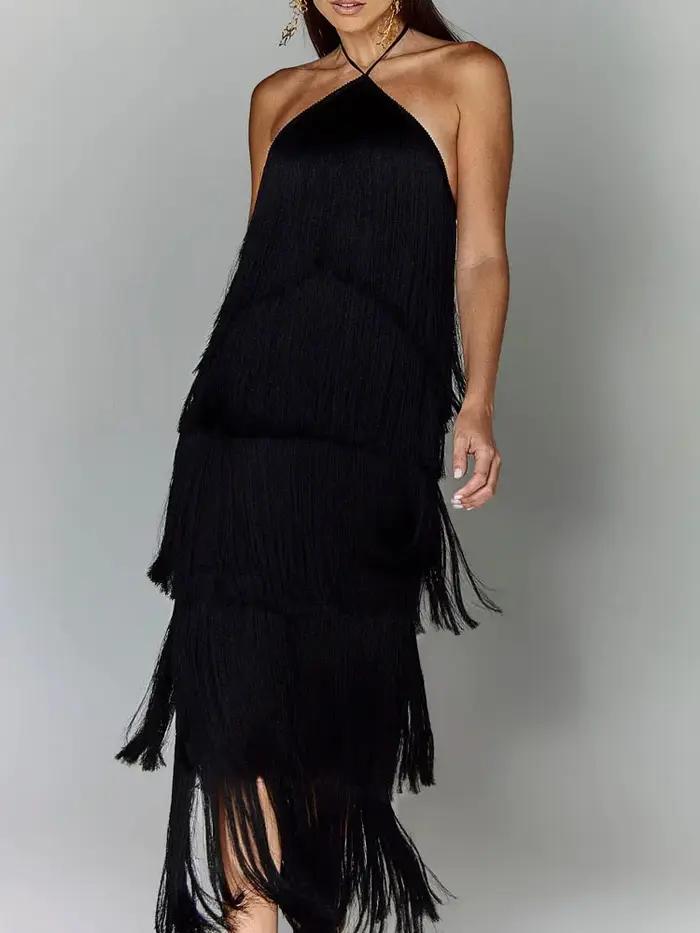 Robe maxi patchwork à pampilles pour femmes, robe de soirée à col licou en fibre, robe monochrome po
