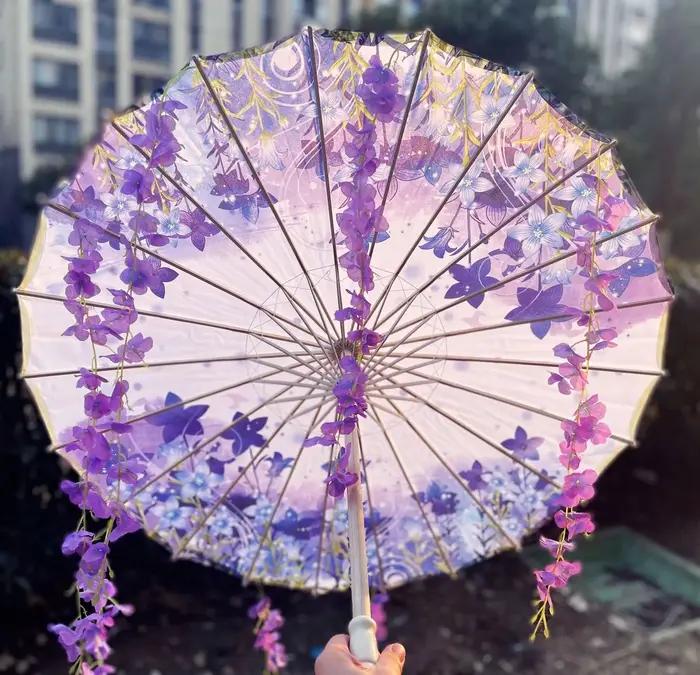 Parapluie Hanfu en bambou avec pampilles colorées pour danse sur la plage, cosplay et occasions spéciales