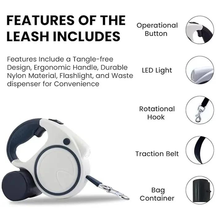 Laisse fantaisie rétractable pour chien avec lampe de poche et distributeur