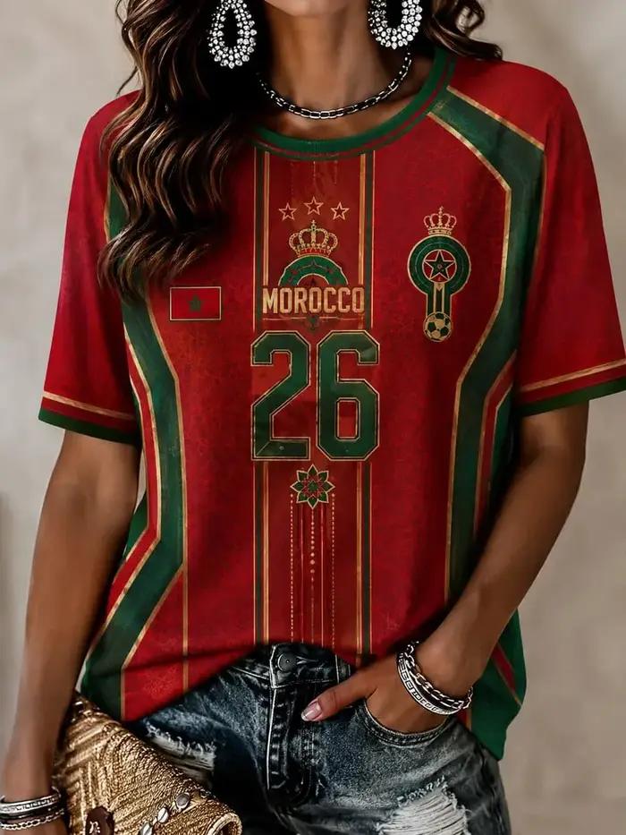 T-shirt de sport pour femme à col en V, motif drapeau de l'équipe nationale du Maroc, avec écusson «