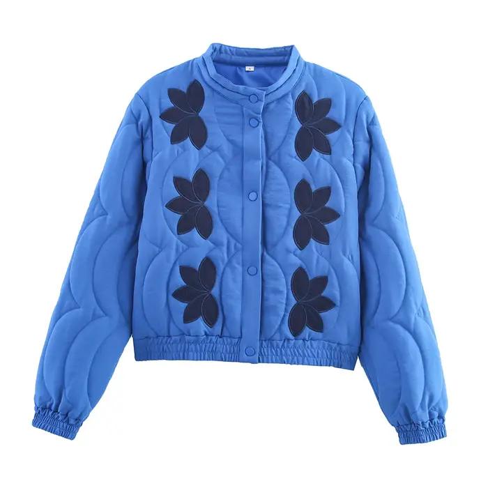 YENKYE 2025 automne femmes broderie florale veste matelassée manteau col montant à manches longues décontracté Vintage