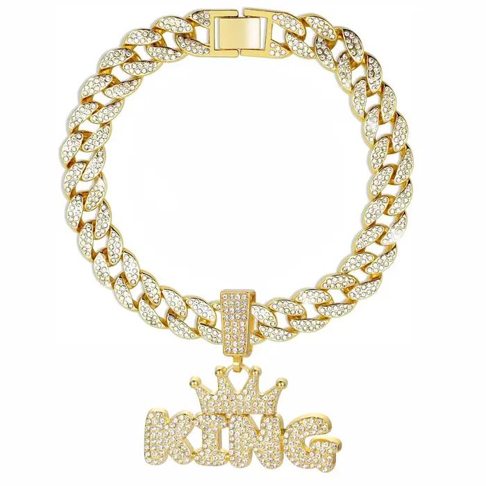 Collier cubain en alliage d'aluminium pour chiens et chats de petite à grande taille bijou pendentif Roi Reine paré de diamants occasions spéciales