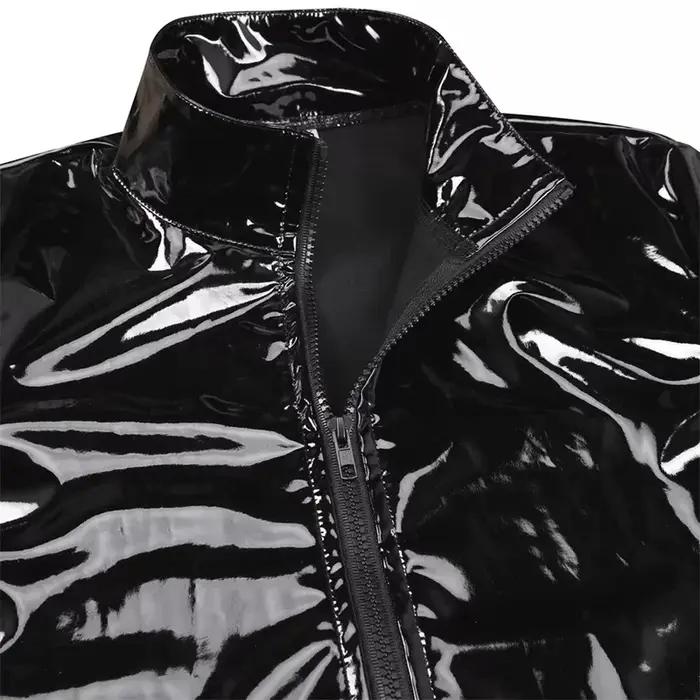 Nouveaux hommes Cardigan à fermeture éclair col montant chemise PVC brillant en cuir verni Sexy serr
