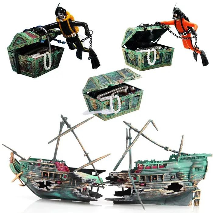 Grande décoration d'aquarium, bateau en plastique, bateau d'aquarium fendu à Air, décor d'aquarium C