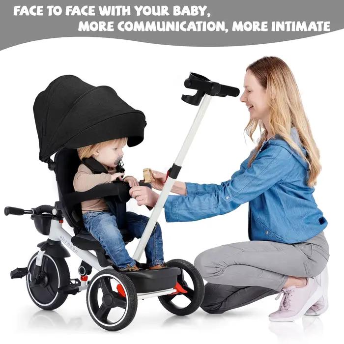 Tricycle pliable pour enfants avec poignée Parent réglable, freins de roue et capot amovible, Tricyc