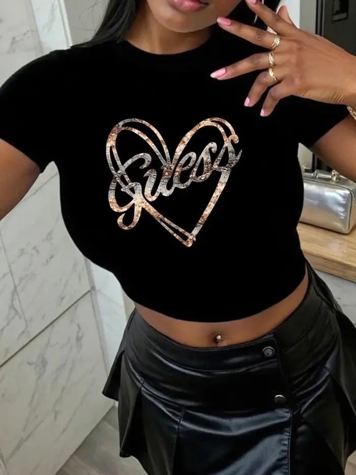 T-shirt à manches courtes pour femme, col rond, imprimé rétro en forme de cœur, ajusté et sans manch