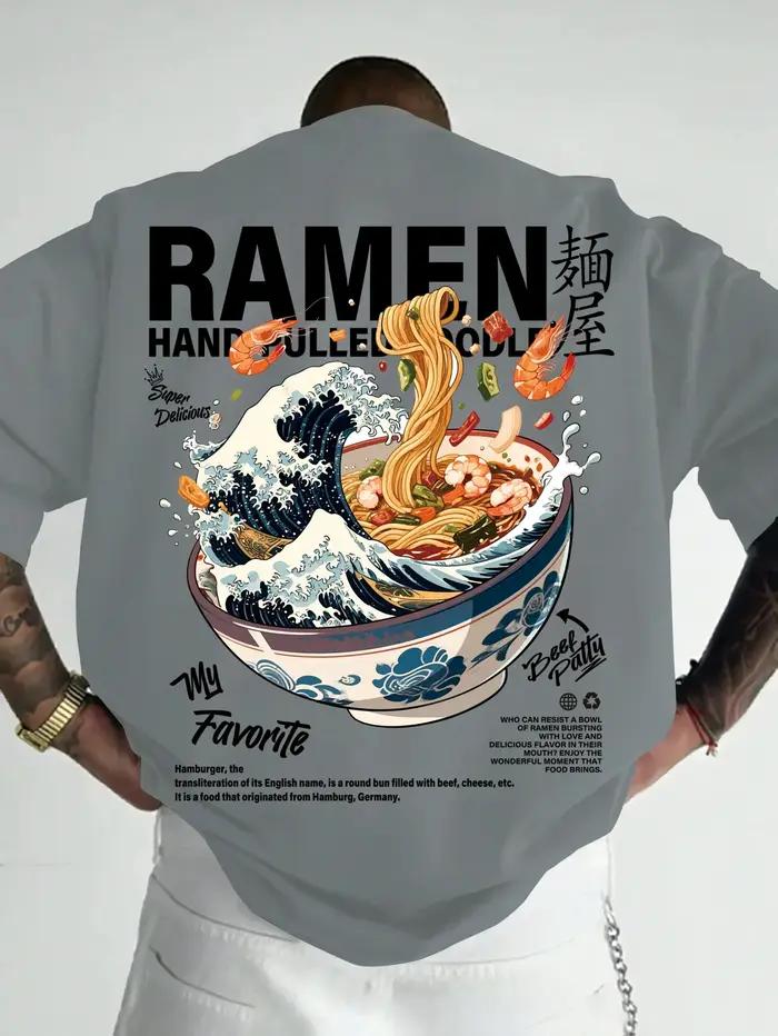 T-shirt décontracté pour homme, style streetwear, motif vagues japonaises et ramen, idéal pour le qu