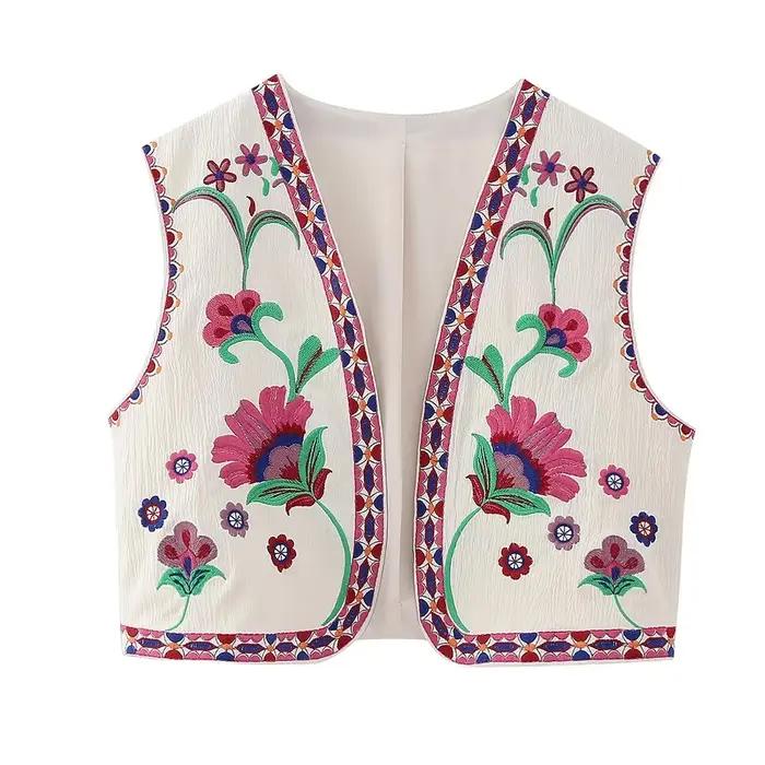 Zevity-Veste Brodée Florale Courte pour Femme