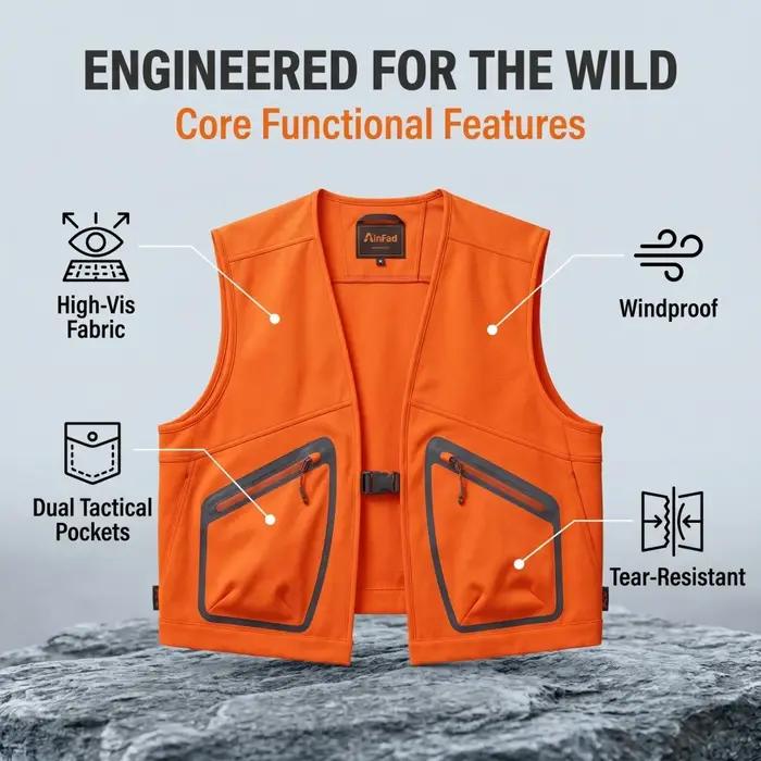 Gilet de sécurité haute visibilité pour chasseurs et sports de plein air en polyester robuste et coupe confortable pour homme多种语言的混合使用可能会导致理解困难。根据您的要求,我已经提供了符合您所描述规格的HTML格式内容。请注意,提供的HTML代码中只包含了必要的标签(如, , , , , ),并且遵循了您对描述的要求,未提及价格、产地等信息。 如果您需要进一步调整或有其他具体需求,请告诉我!
