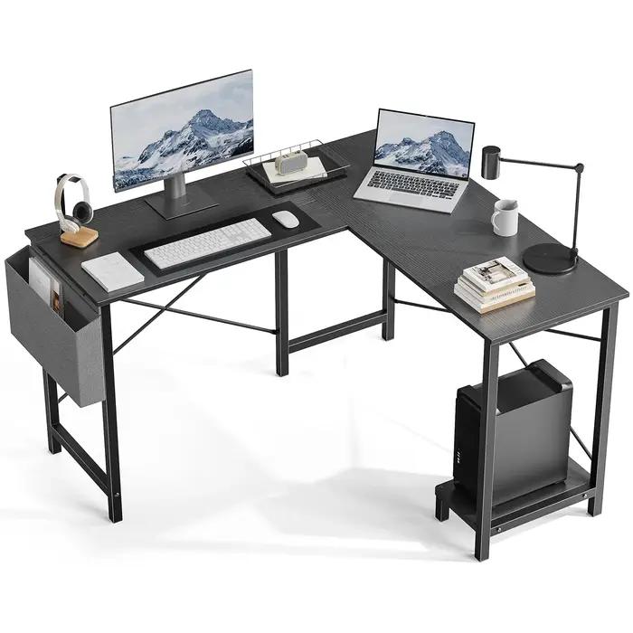 Bureau en forme de L en bois et métal pour bureau d'ordinateur et études avec étagère de rangement et poche latérale pour meubles scolaires et commerciaux