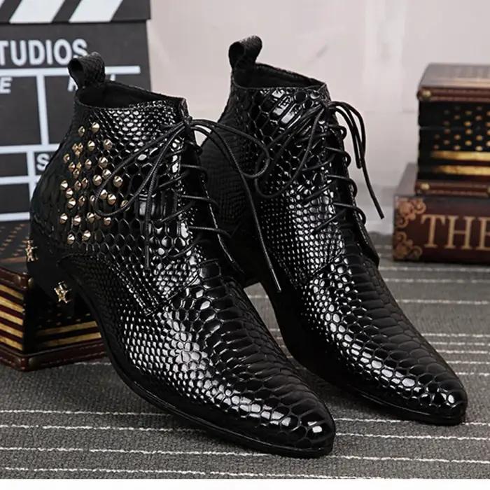 Bottes provoqué pointues en cuir véritable pour hommes, chaussures à rivets, cuir brillant, haute qu