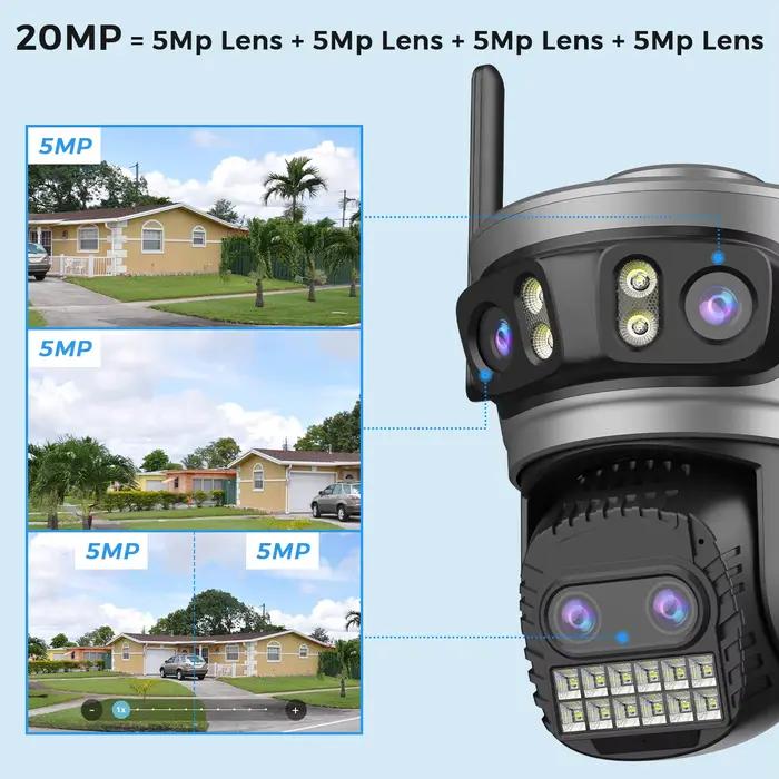 Caméra sécurité extérieure 20MP triple objectif 5G WiFi - PTZ 10x zoom IA détection humaine tracking auto